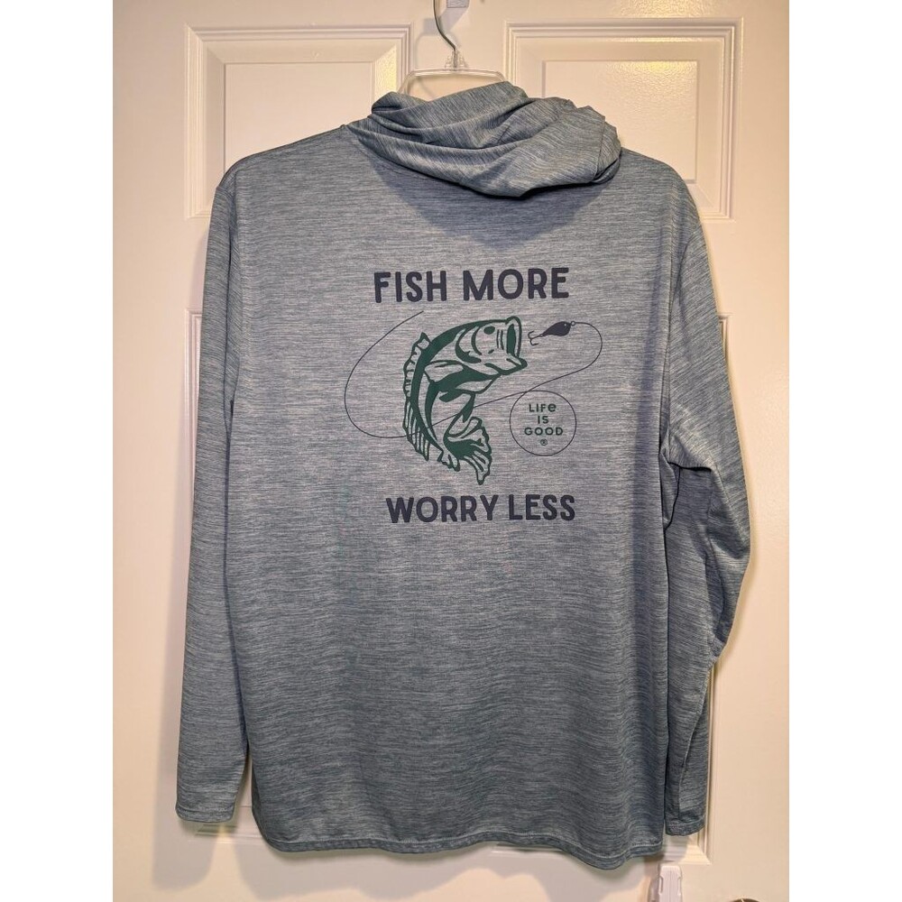 Life Is Good Sun Crusher Hooded Shirt Mens XL Fish More Worry Less Fishing UPF